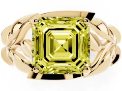 Fancy Yellow Asscher Cut Diamond Leaf-Inspired Engagement Ring Set in Yellow gold with Round Accents