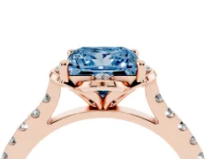 Fancy Blue Princess Cut Diamond Solitaire Ring Set in Rose gold with Pavé Band and Floral Prong Setting