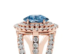 Fancy Blue Oval Cut Diamond Double Halo Ring Set in Rose gold with Round Pavé Split Shank