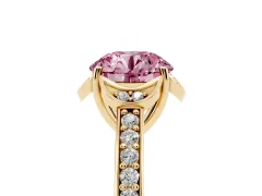 Fancy Pink Round Cut Diamond Halo Ring Set in Yellow gold with Channel Set Band and Prong Setting