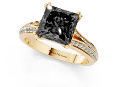 Fancy Black Princess Cut Diamond Split Shank Pavé Engagement Ring Set in Yellow gold with Prong-Set Center Stone