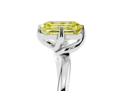Fancy Yellow Emerald Cut Diamond Solitaire Engagement Ring Set in Platinum with Classic Plain Band