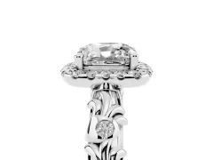 Cushion Cut Diamond Halo Ring Set in White gold with Filigree Leaf Band and Prong Setting