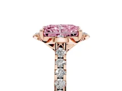 Fancy Pink Radiant Cut Diamond Solitaire Ring Set in Rose gold with Pavé Band and Floral Prong Setting