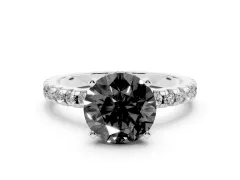Fancy Black Round Cut Diamond Pavé Solitaire Ring Set in Platinum with Round Band Accents and Prong Setting