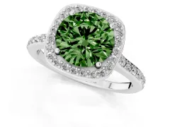 Fancy Green Round Cut Diamond Halo Engagement Ring Set in White gold with Round Pavé Shoulders and Heart Gallery