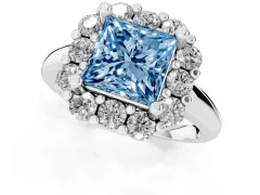 Fancy Blue Princess Cut Diamond Halo Cluster Engagement Ring Set in White gold with Polished Band and Prong Setting