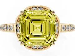 Fancy Yellow Asscher Cut Diamond Halo Ring Set in Yellow gold with Channel Set Band and Prong Setting