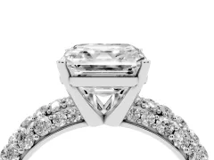 Asscher Cut Diamond Pavé Band Solitaire Ring Set in Silver with Close-Set Accent Stones and Prong Setting