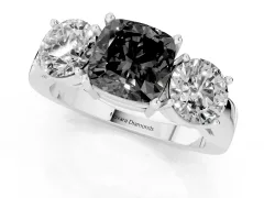 Fancy Black Cushion Cut Diamond Three-Stone Ring Set in Platinum with Round Side Stones and Classic Band