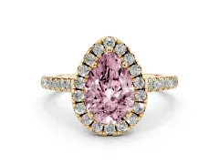 Fancy Pink Pear Cut Diamond Pavé Halo Engagement Ring Set in Yellow gold with Pavé Band and Prong Setting