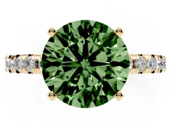 Fancy Green Round Cut Diamond Pavé Solitaire Ring Set in Yellow gold with Round Band Accents and Prong Setting