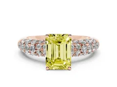 Fancy Yellow Emerald Cut Diamond Pavé Band Solitaire Ring Set in Rose gold with Close-Set Accent Stones and Prong Setting