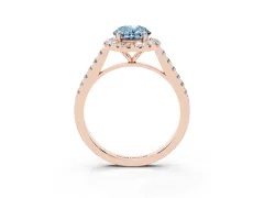 Fancy Blue Oval Cut Diamond Halo Pavé Engagement Ring Set in Rose gold with Prong Setting