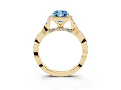 Fancy Blue Cushion Cut Diamond Halo Twist Band Solitaire Ring Set in Yellow gold with Prong Setting