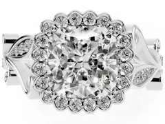 Cushion Cut Diamond Halo Ring Set in White gold with Leaf Motif Split Shank and Prong Setting
