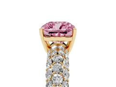 Fancy Pink Cushion Cut Diamond Pavé Band Solitaire Ring Set in Yellow gold with Close-Set Accent Stones and Prong Setting