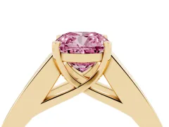 Fancy Pink Cushion Cut Diamond Solitaire Ring Set in Yellow gold with Channel-Set Accent Stones and Prong Setting