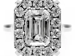 Emerald Cut Diamond Cluster Halo Solitaire Ring Set in Silver with Prong Setting