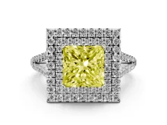 Fancy Yellow Princess Cut Diamond Double Halo Ring Set in Silver with Pavé Band