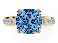 Fancy Blue Cushion Cut Diamond Channel Set Solitaire Engagement Ring Set in Yellow gold with Prong Setting