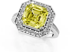 Fancy Yellow Asscher Cut Diamond Halo Ring Set in White gold with Accent-Lined Split Shank and Prong Setting