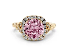 Fancy Pink Round Cut Diamond Halo Engagement Ring Set in Yellow gold with Vintage-Inspired Band and Prong Setting