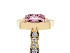 Fancy Pink Princess Cut Diamond Halo Engagement Ring Set in Yellow gold with Milgrain Band and Prong Setting