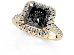 Fancy Black Princess Cut Diamond Halo Pavé Engagement Ring Set in Yellow gold with Prong Setting
