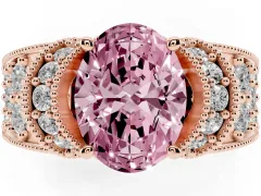 Fancy Pink Oval Cut Diamond Milgrain Halo Pavé Engagement Ring Set in Rose gold with Prong Setting
