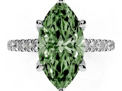Fancy Green Marquise Cut Diamond Solitaire Ring Set in Silver with Brilliant Pavé Band and Prong Setting