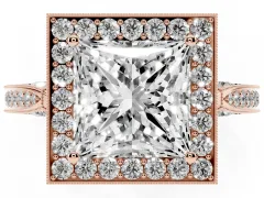 Princess Cut Diamond Halo Engagement Ring Set in Rose gold with Accent Split Shank Band
