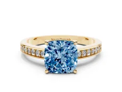 Fancy Blue Cushion Cut Diamond Pavé Band Prong Set Solitaire Ring Set in Yellow gold