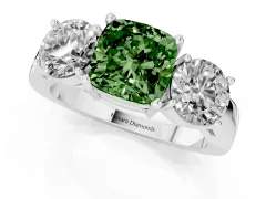 Fancy Green Cushion Cut Diamond Three-Stone Ring Set in Silver with Round Side Stones and Classic Band