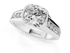 Cushion Cut Diamond Bezel-Set Solitaire Ring Set in White gold with Channel-Set Band