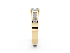Cushion Cut Diamond Solitaire Ring Set in Yellow gold with Channel-Set Accent Stones and Prong Setting