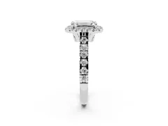 Emerald Cut Diamond Halo Engagement Ring Set in White gold with Pavé Band and Prong-Set Center