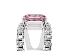 Fancy Pink Emerald Cut Diamond Split Shank Pavé Solitaire Ring Set in White gold with Open Shank Design