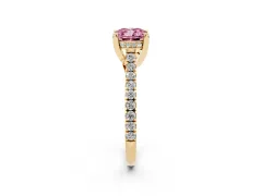 Fancy Pink Cushion Cut Diamond Solitaire Ring Set in Yellow gold with Brilliant Pavé Band and Prong Setting