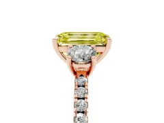 Fancy Yellow Emerald Cut Diamond Three-Stone Ring Set in Rose gold with Pavé Band and Graduated Sides