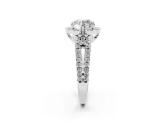 Round Cut Diamond Floral Halo Split Shank Engagement Ring Set in White gold with Pavé Shank