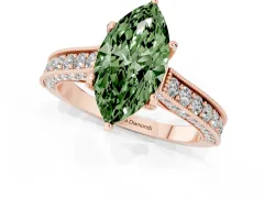 Fancy Green Marquise Cut Diamond Solitaire Ring Set in Rose gold with Milgrain-Edged Pavé Band and Prong Setting
