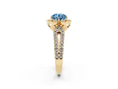 Fancy Blue Round Cut Diamond Floral Halo Split Shank Engagement Ring Set in Yellow gold with Pavé Shank