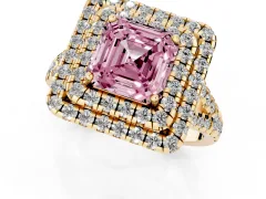 Fancy Pink Asscher Cut Diamond Double Halo Ring Set in Yellow gold with Pavé Split Shank and Prong Setting