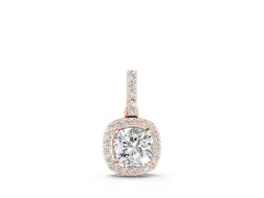 Cushion Diamond Halo Pendant Set in Rose gold with Prong-Set Center