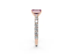 Fancy Pink Emerald Cut Diamond Solitaire Ring Set in Rose gold with Shared Prong Pavé Band