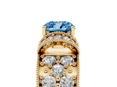 Fancy Blue Cushion Cut Diamond Milgrain Halo Pavé Engagement Ring Set in Yellow gold with Prong Setting