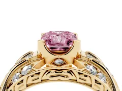 Fancy Pink Radiant Cut Diamond Art Deco Ring Set in Yellow gold with Pavé Split Shank