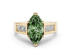 Fancy Green Marquise Cut Diamond Solitaire Ring Set in Yellow gold with Channel-Set Accent Stones and Prong Setting