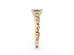 Emerald Cut Diamond Vine Band Solitaire Ring Set in Yellow gold with Milgrain Prong Setting